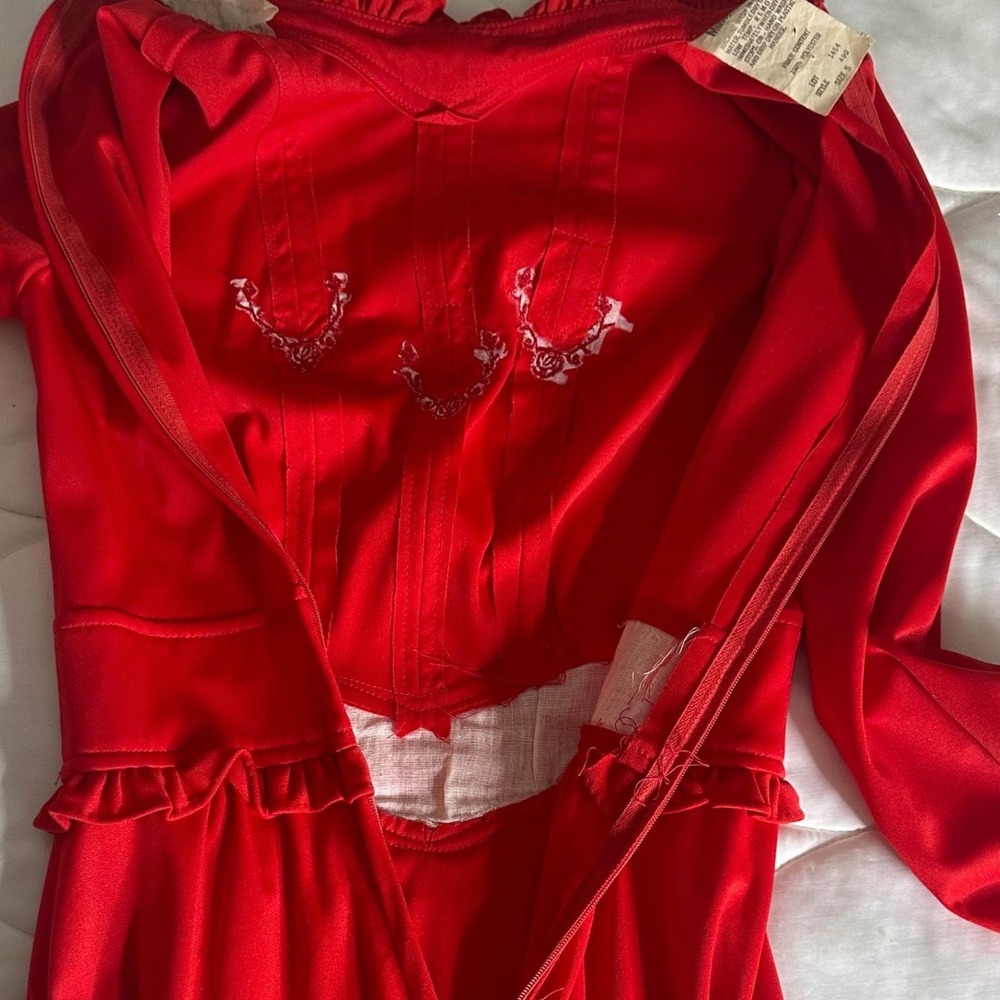 Vintage Mikey Jr California Red Prairie Maxi Dress Ruffle Lace Embroidery XS - Picture 4 of 7